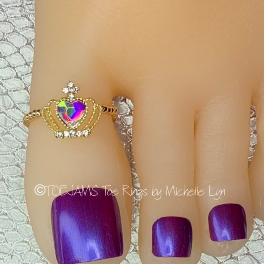 💖TOE RING CROWN/HEART Gold/Clear AB Crystal Big Toe Ring, Stretch Elastic